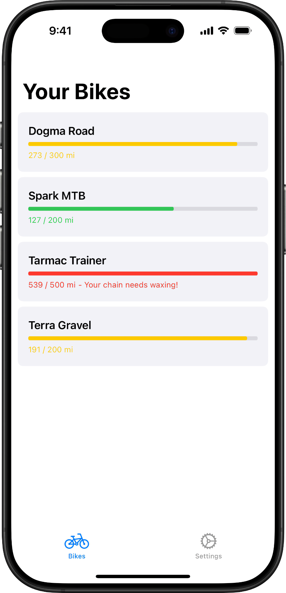 Chain Wax App - Bike List screen